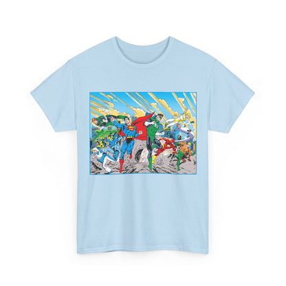 Justice League America/Europe T-Shirt - Dan Jurgens Art - Superman, Blue Beetle, Booster Gold, Green Lantern, Aquaman, Power Girl, Guy Gardner, Flash - DC Comics