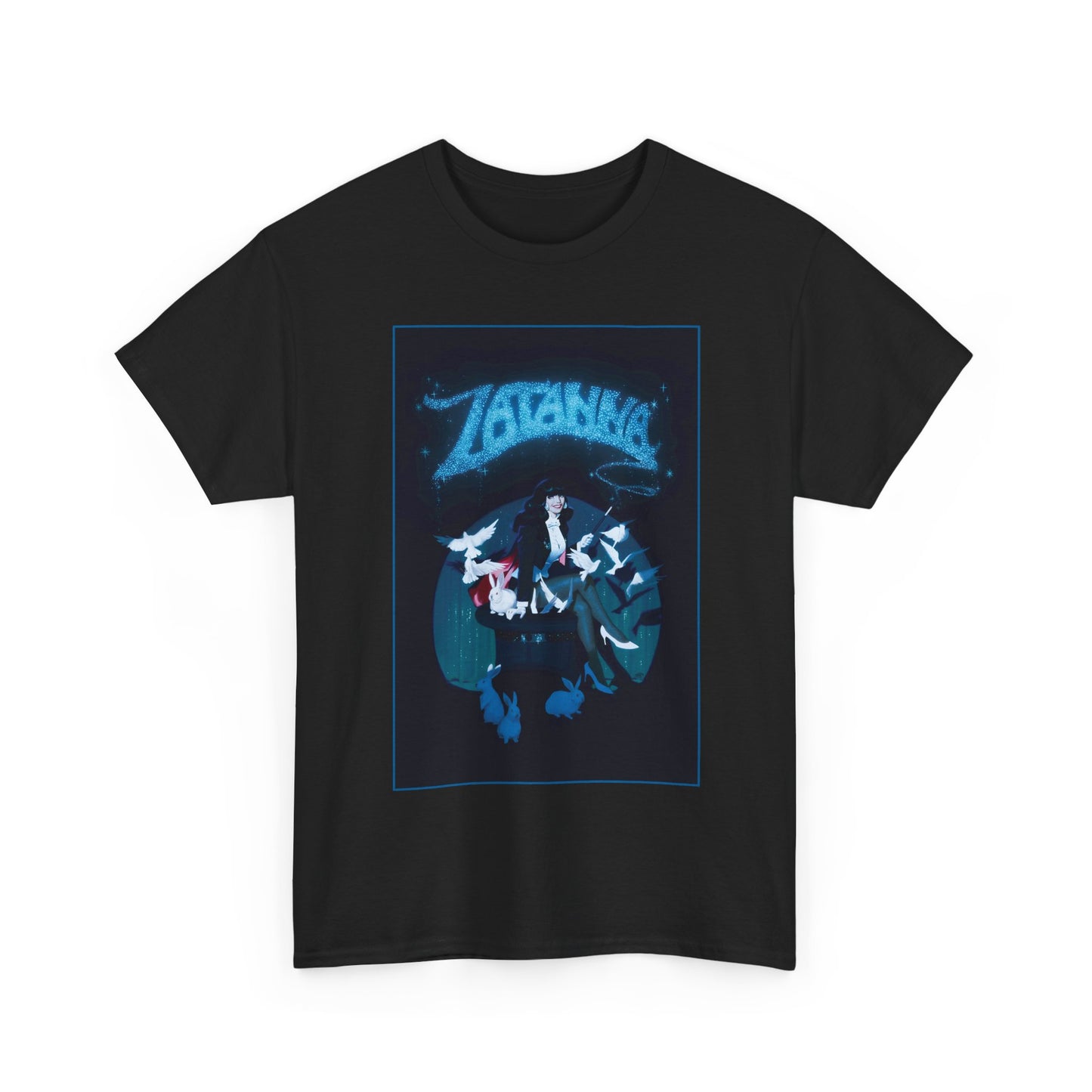 Black t-shirt with a graphic design featuring 'Zatanna' on a white background