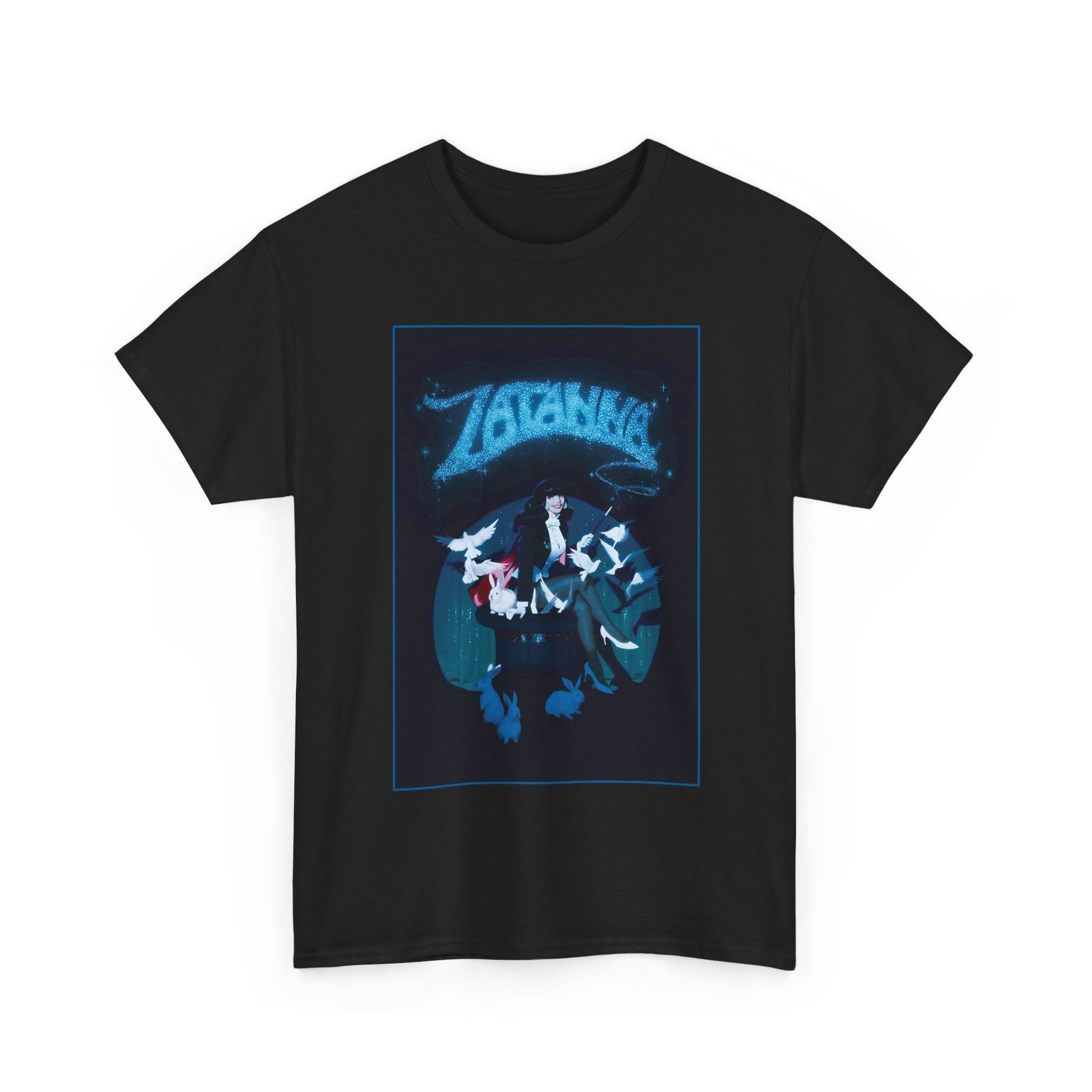 Black t-shirt with a graphic design featuring 'Zatanna' on a white background