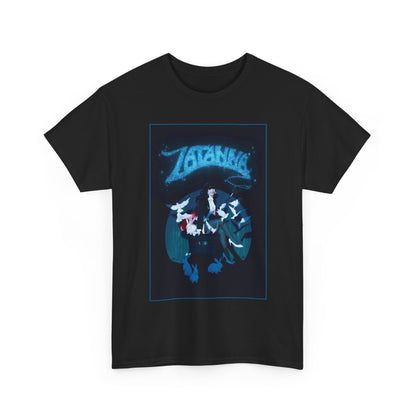 Black t-shirt with a graphic design featuring 'Zatanna' on a white background