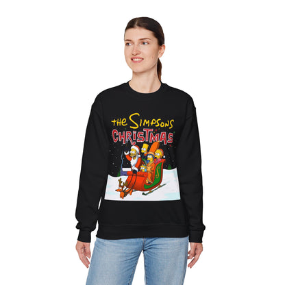 Simpsons Family Christmas Crewneck Sweatshirt - Homer, Marge, Bart, Lisa, Maggie - Riding a Christmas Sleigh Through the Winter Snow