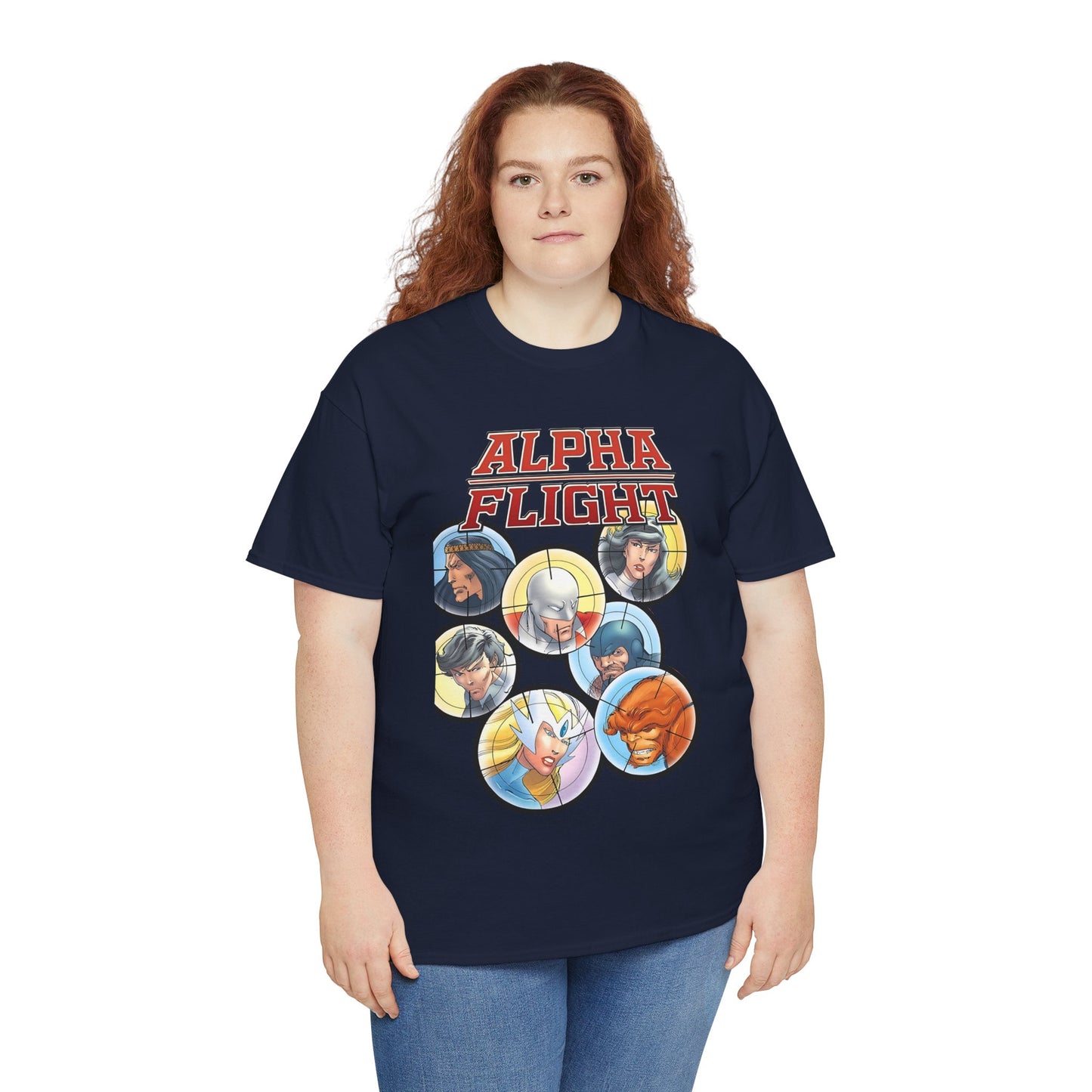 Alpha Flight T-Shirt - John Byrne Art - Guardian, Aurora, Northstar, Sasquatch, Shaman, Puck, Snowbird - Canada's Super Heroes - Marvel Comics