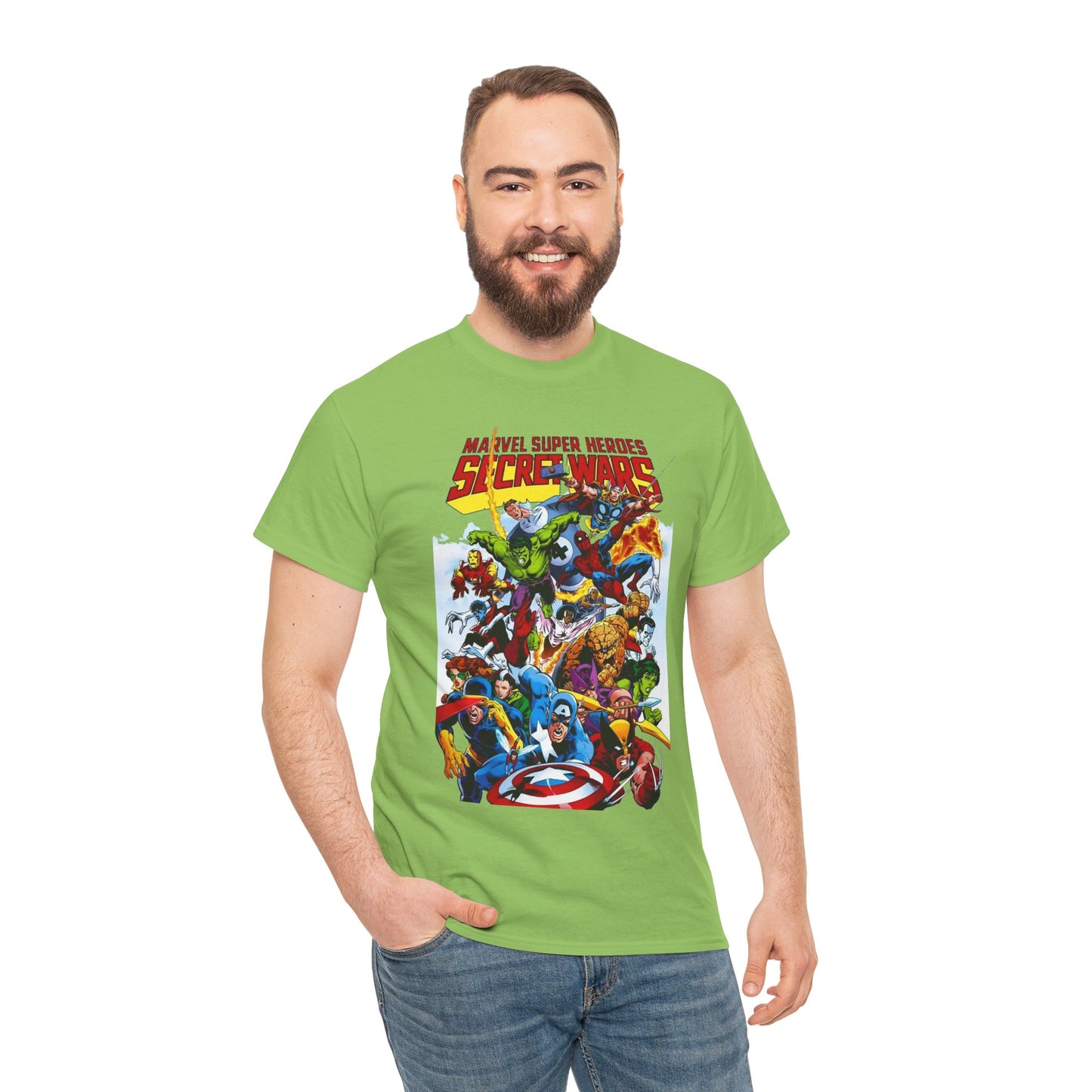 Secret Wars T-Shirt - Spider-man, Wolverine, Iron Man, Captain America, Cyclops, Rogue, Hulk, Mr Fantastic, The Thing - Classic Marvel Comics 1980s Series - The Beyonder