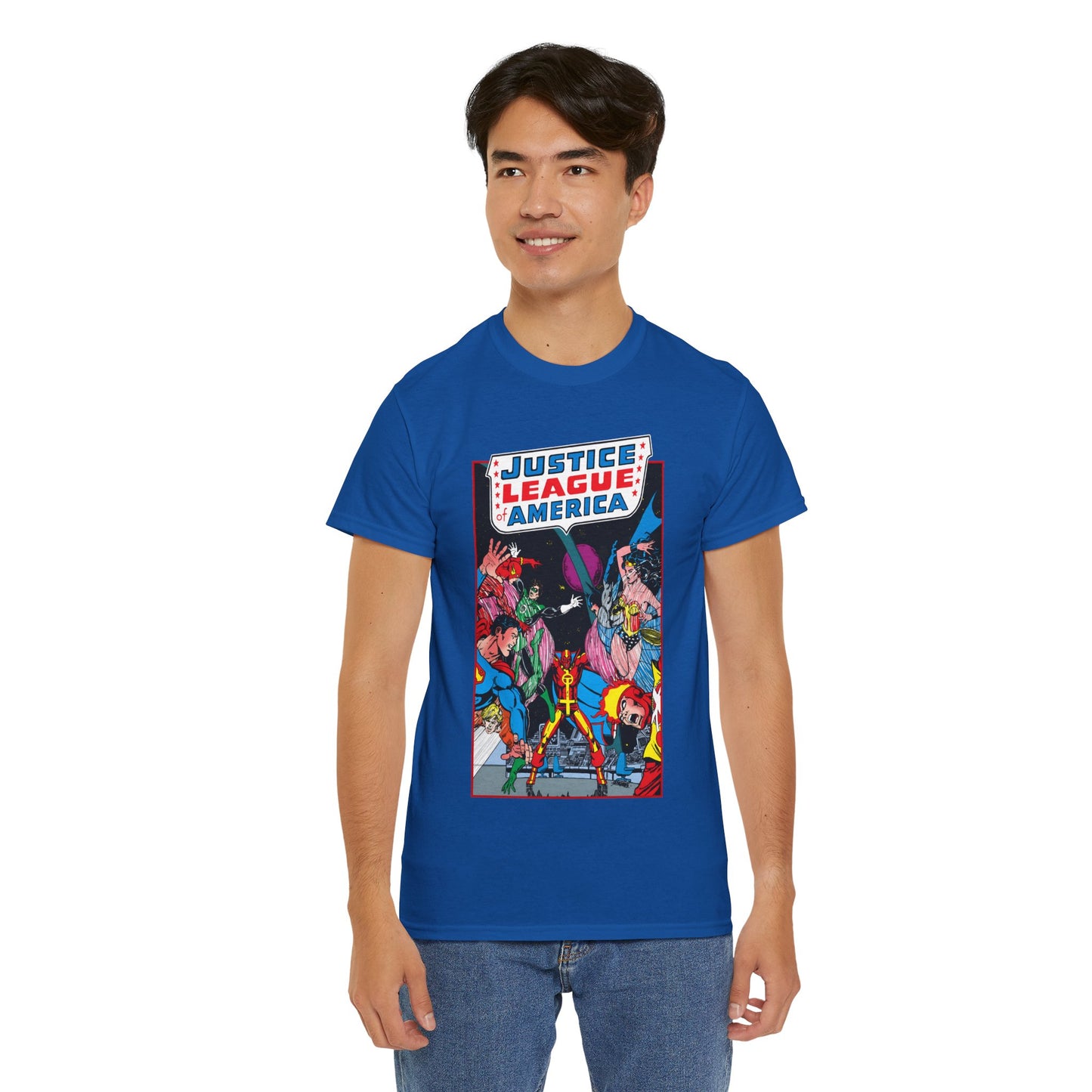 Justice League of America T-Shirt - George Perez Art - 1980s Satellite Era - Superman, Wonder Woman, Firestorm, Green Lantern, Batman - DC Comics