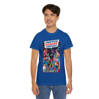Justice League of America T-Shirt - George Perez Art - 1980s Satellite Era - Superman, Wonder Woman, Firestorm, Green Lantern, Batman - DC Comics