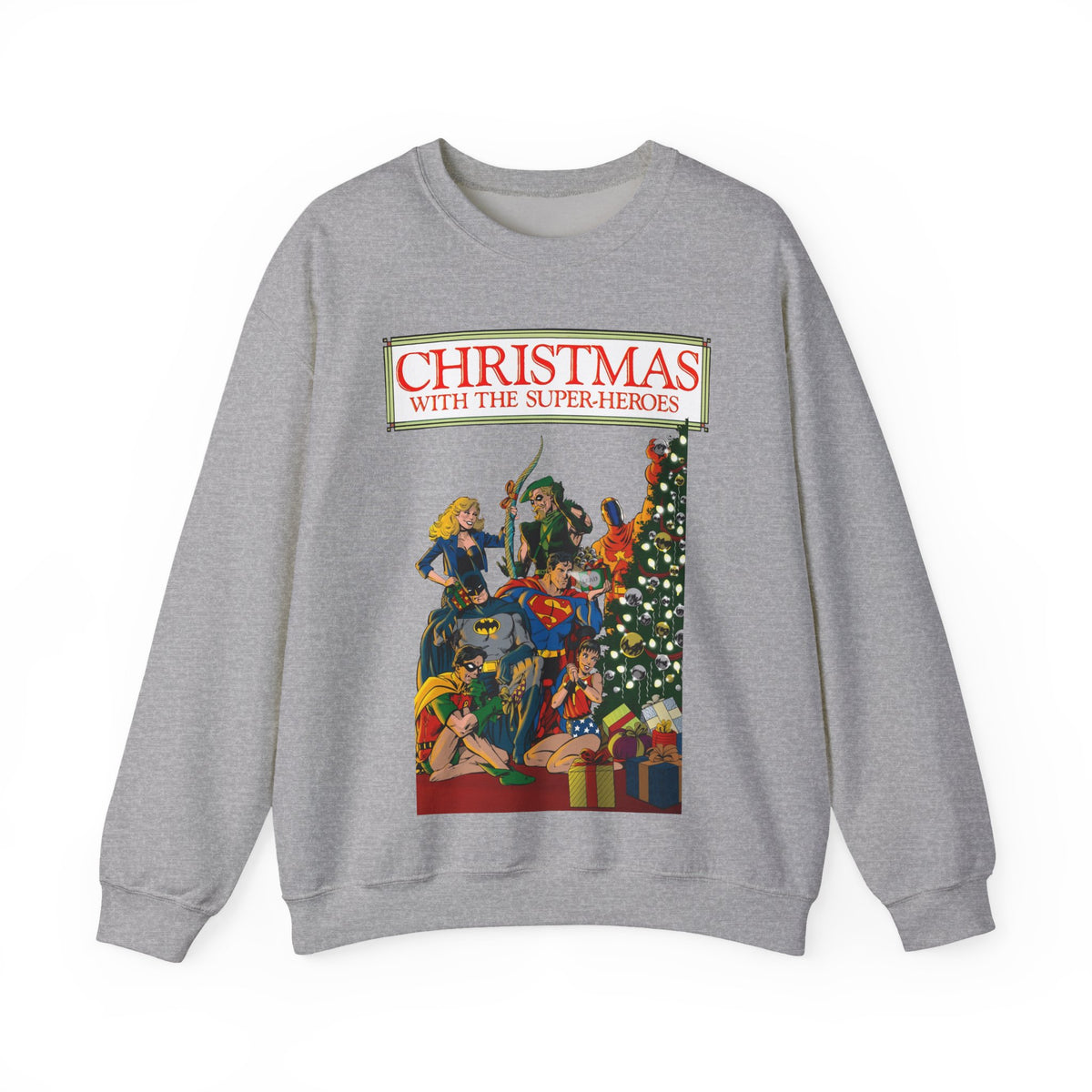 Christmas With the DC Super-Heroes Heavy Blend Crewneck Sweatshirt - Superman, Batman, Green Arrow, Black Canary - Festive Holiday Shirt