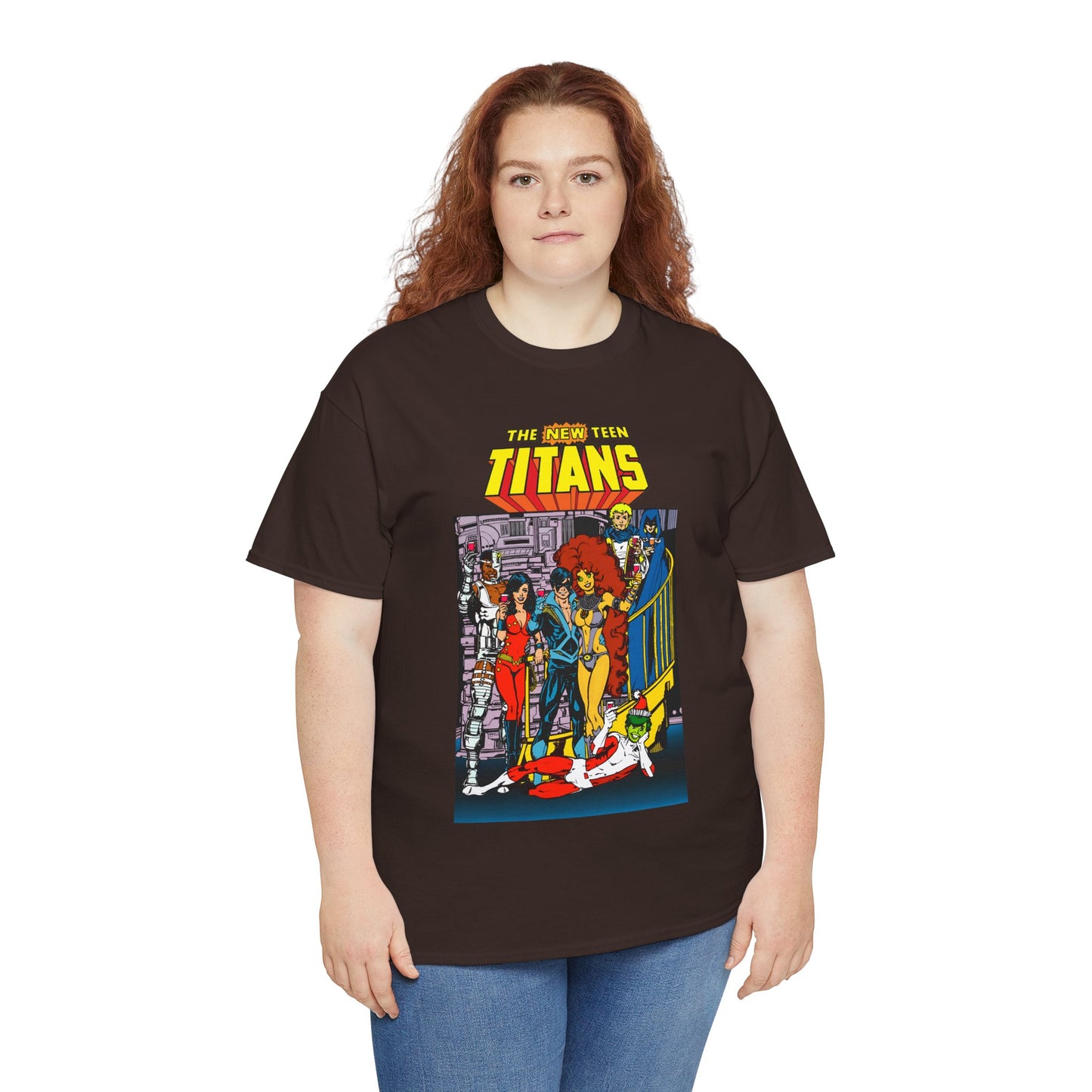 New Teen Titans T-Shirt - George Perez Art - Nightwing, Cyborg, Raven, Starfire, Wonder Girl, Changeling, Jericho - Titans Tower - DC Comics