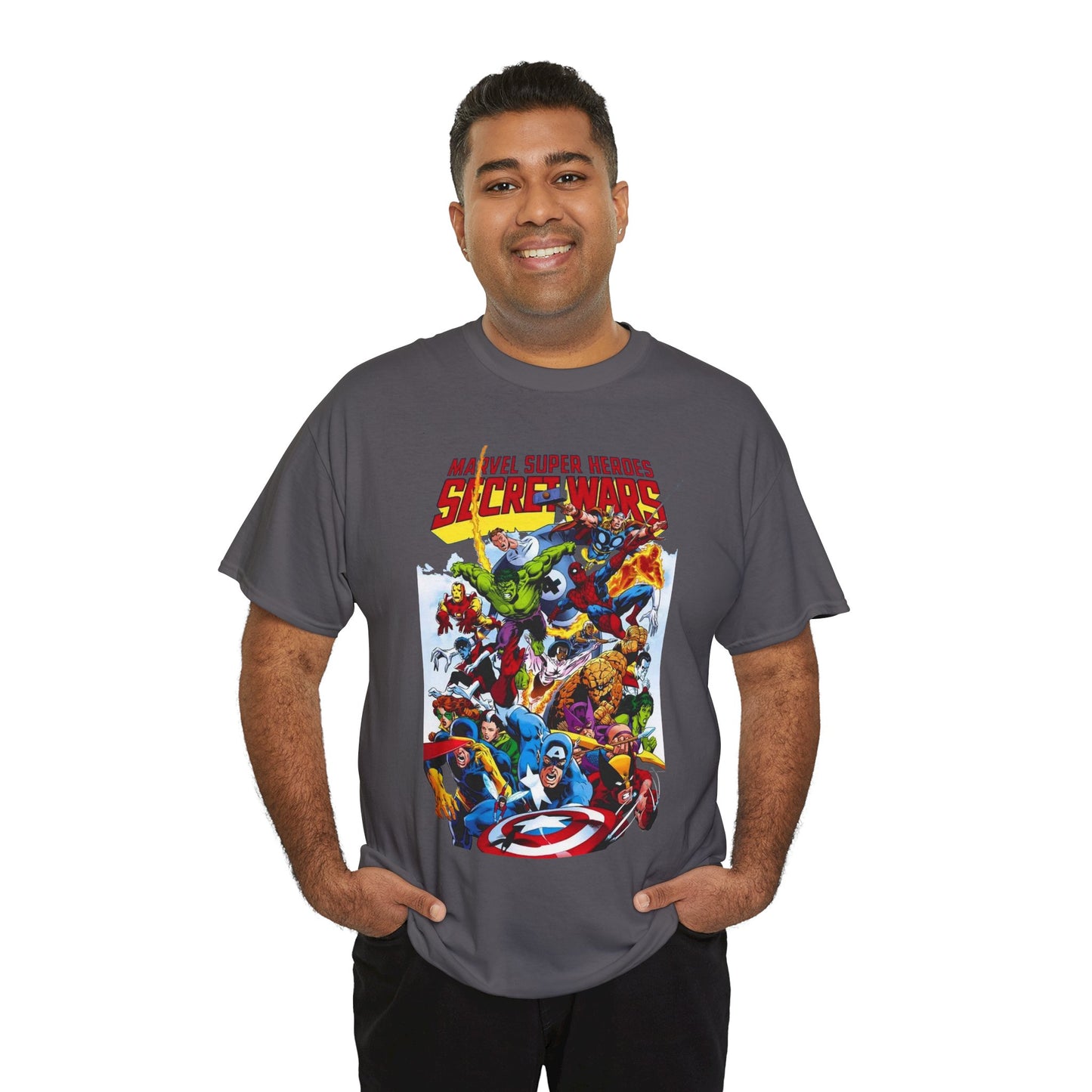 Secret Wars T-Shirt - Spider-man, Wolverine, Iron Man, Captain America, Cyclops, Rogue, Hulk, Mr Fantastic, The Thing - Classic Marvel Comics 1980s Series - The Beyonder