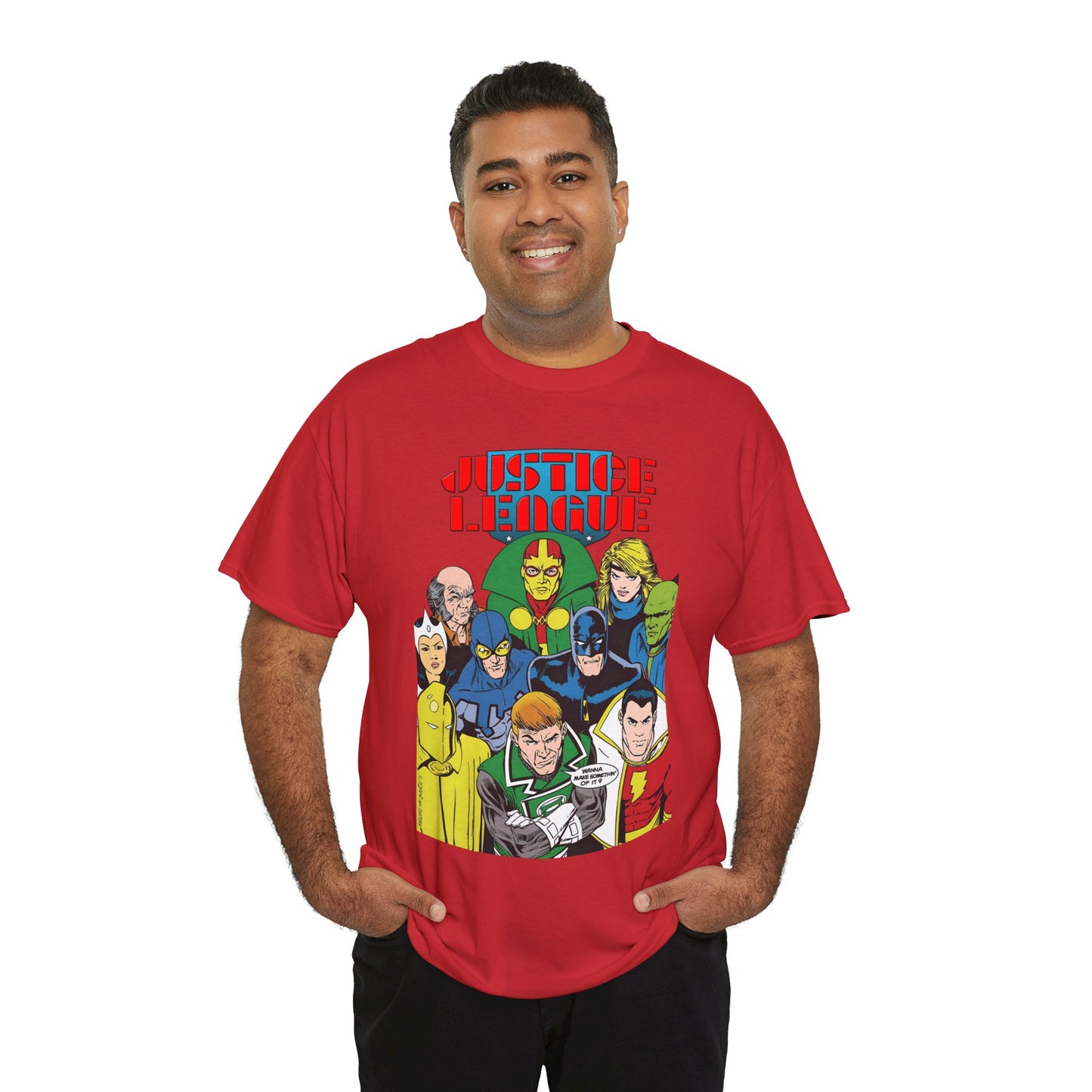 Justice League International T-Shirt - Kevin Maguire Art - JLI - DC Comics - Blue Beetle, Dr Fate, Batman, Mr Miracle, Martian Manhunter - Guy Gardner