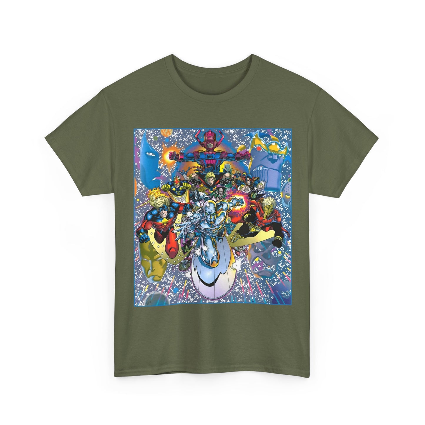 Marvel Cosmic Heroes T-Shirt - Silver Surfer, Captain Marvel, Adam Warlock, Quasar, Nova, Galactus, Jack of Hearts, Moondragon, Thanos
