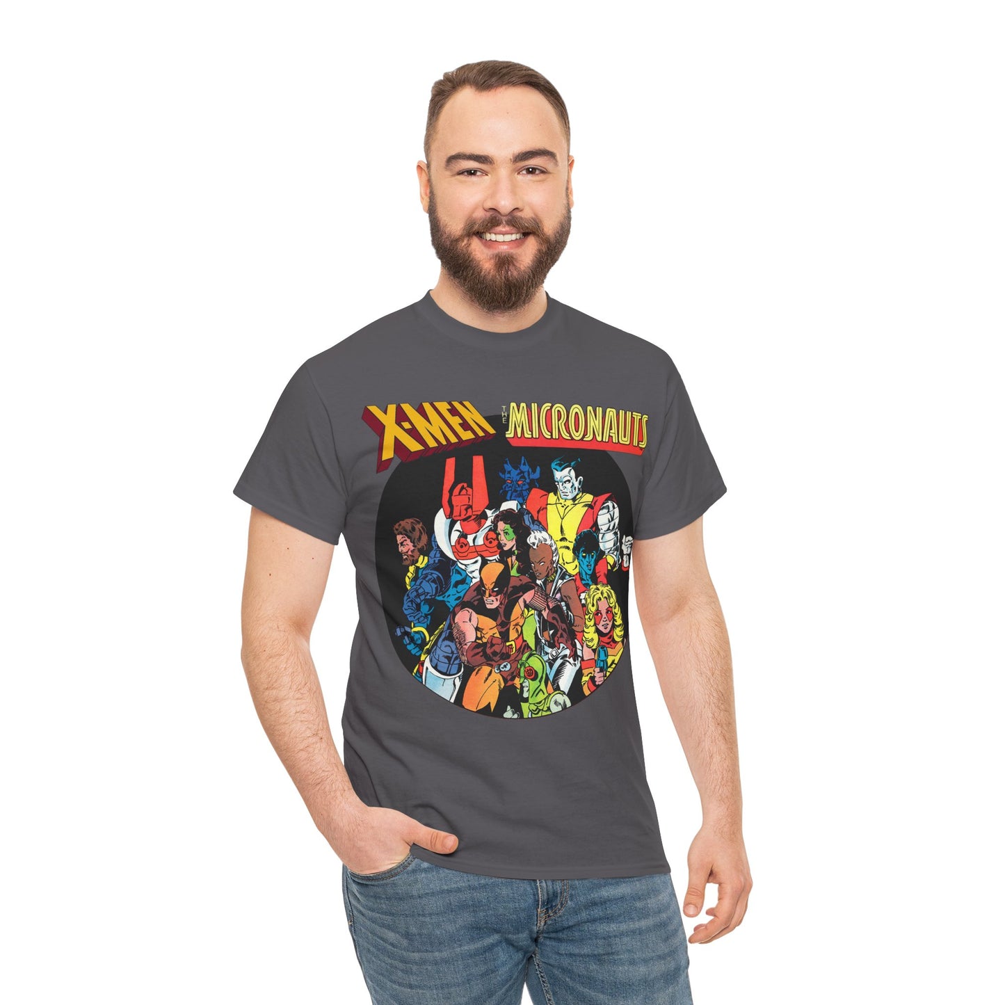 X-Men/Micronauts T-Shirt - Wolverine, Storm, Nightcrawler, Kitty Pryde, Colossus, Acroyear, Arcturus Rann, Marionette Bug - Marvel Comics - Popular 1980s Crossover Mini-Series
