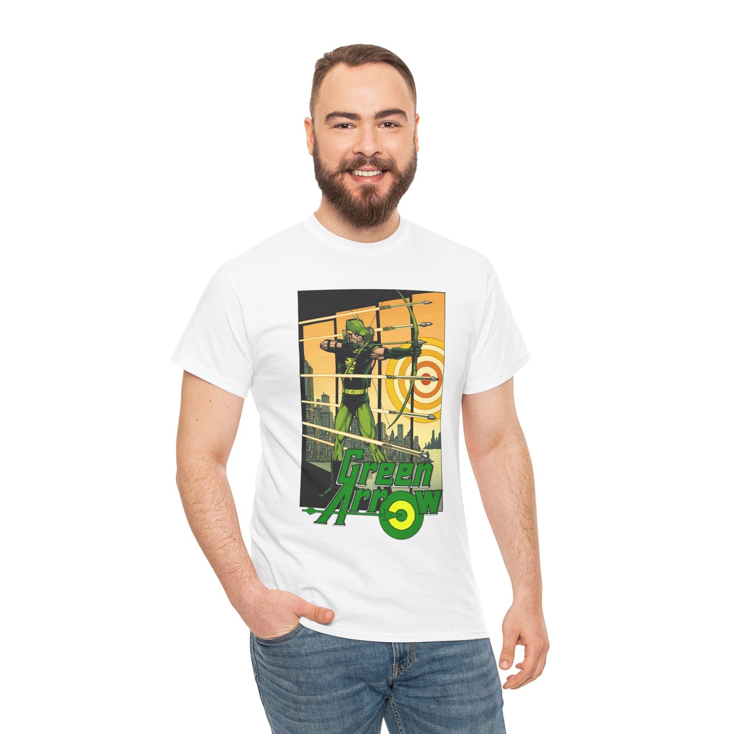 Green Arrow T-Shirt - George Perez Art - 1980s Justice League Postcard Art - JLA - DC Comics
