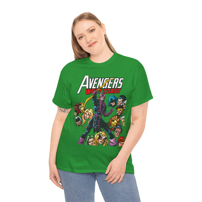 Avengers West Coast T-Shirt - Bob Hall Art - Hawkeye, Iron Man, Wonder Man, Tigra, Mockingbird - Marvel Comics Team