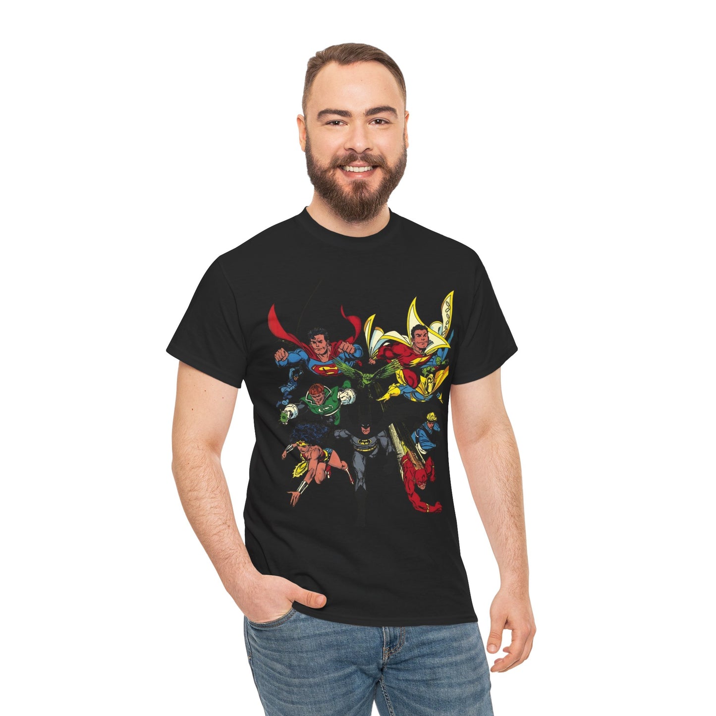 DC Legends T-Shirt - John Byrne Art - Superman, Wonder Woman, Guy Gardner, Flash, Blue Beetle, Shazam, Dr Fate, Changeling - DC Comics