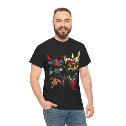 DC Legends T-Shirt - John Byrne Art - Superman, Wonder Woman, Guy Gardner, Flash, Blue Beetle, Shazam, Dr Fate, Changeling - DC Comics