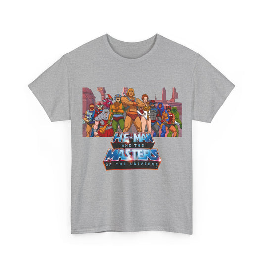 Gray t-shirt with 'He-Man and the Masters of the Universe' graphic on a white background