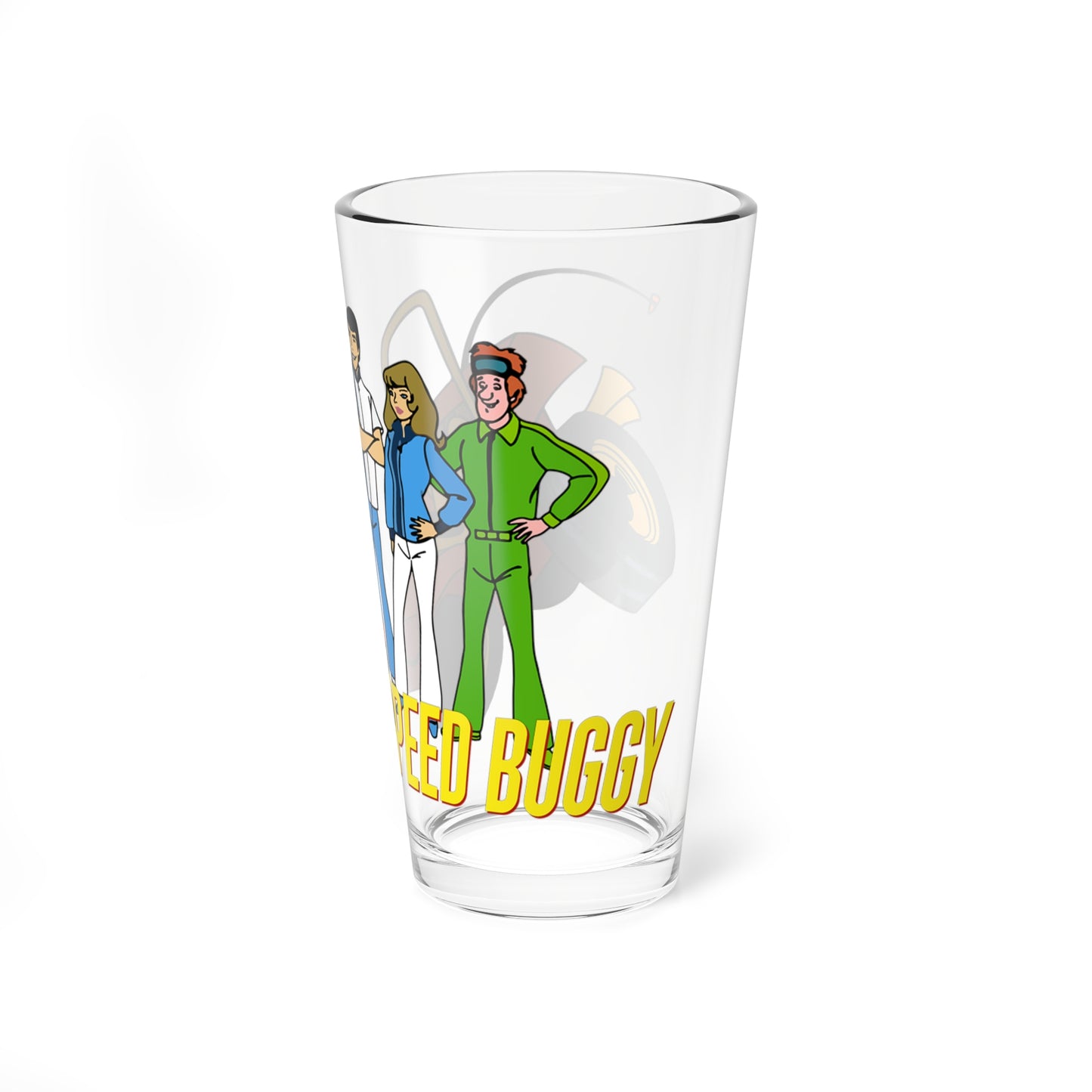 Speed Buggy Pint Glass, 16oz - Hanna-Barbera Saturday Morning Cartoon - Debbie, Mark, and Tinker - Solving Mysteries & Participating in Racing Competitions Around the World