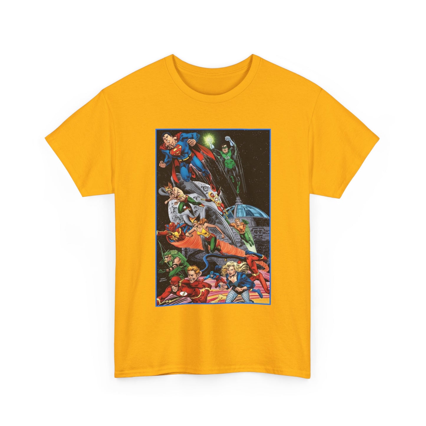 Justice League of America T-Shirt - Jerry Ordway Art - Superman, Wonder Woman, Firestorm, Flash, Black Canary, Atom - DC Comics
