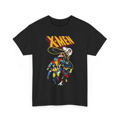 Black t-shirt with X-Men graphic design on a white background. Features Colossus, Wolverine, Storm, Nightcrawler, and Cyclops from Marvel Comics.