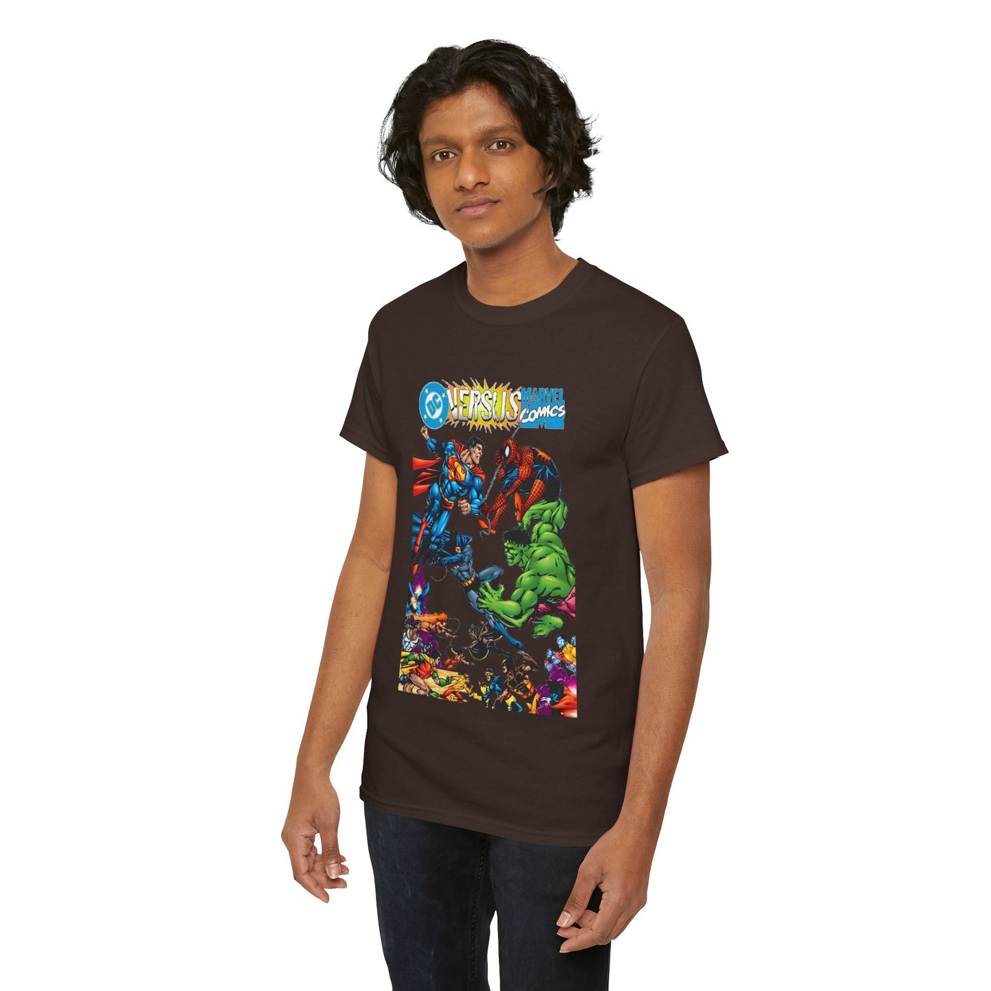 DC Comics Vs Marvel Comics T-Shirt - George Perez Art - Superman, Hulk, Batman, Spider-man, X-Men, New Teen Titans