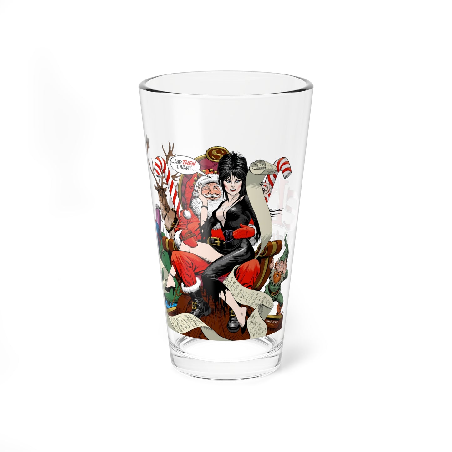 Elvira Pint Glass, 16oz - Mistress of the Dark - DC Comics Holiday Special Art - Sitting on Santa Claus' Lap