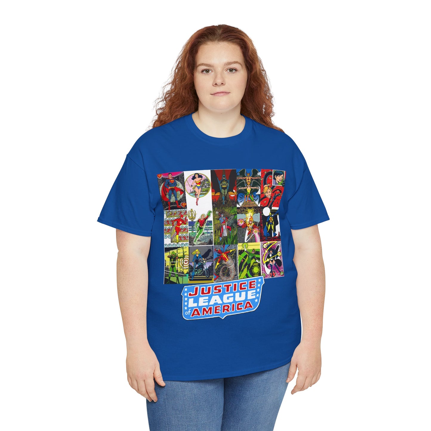 JLA Postcard T-Shirt - George Perez Art - Zatanna, Green Lantern, Flash, Batman, Hawkman, Wonder Woman, Firestorm - Justice League of America - DC Comics