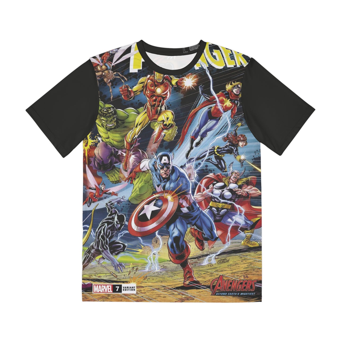 Avengers All Over Print Tee (Polyester) - Captain America, Iron Man, Black Widow, The Wasp, Thor, Hulk, Black Panther  - Marvel Comics