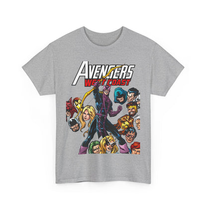 Avengers West Coast T-Shirt - Bob Hall Art - Hawkeye, Iron Man, Wonder Man, Tigra, Mockingbird - Marvel Comics Team