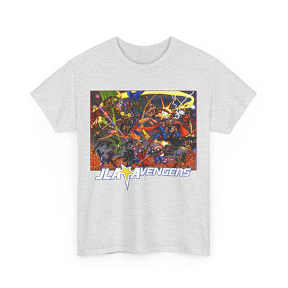 Avengers Vs JLA T-Shirt - Stunning George Perez Art - Marvel & DC Comics Crossover - Thor, Superman, Wonder Woman, Hercules, Iron Man, Batman, Black Canary, Scarlet Witch, Wonder Man, Martian Manhunter