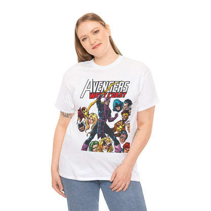 Avengers West Coast T-Shirt - Bob Hall Art - Hawkeye, Iron Man, Wonder Man, Tigra, Mockingbird - Marvel Comics Team