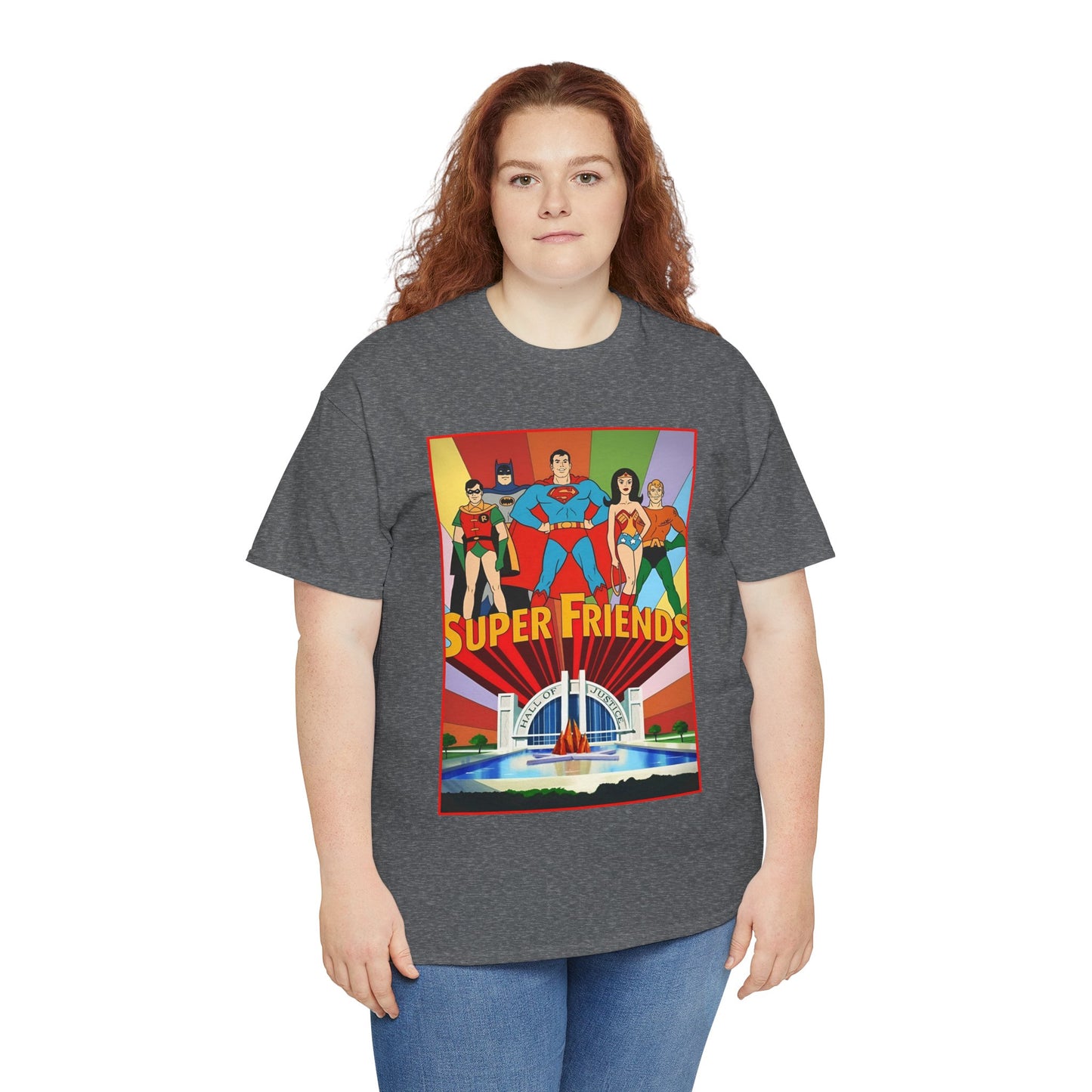 Super Friends T-Shirt - Batman, Superman, Wonder Woman, Robin - Hanna-Barbera Cartoon - DC Comics - Hall of Justice