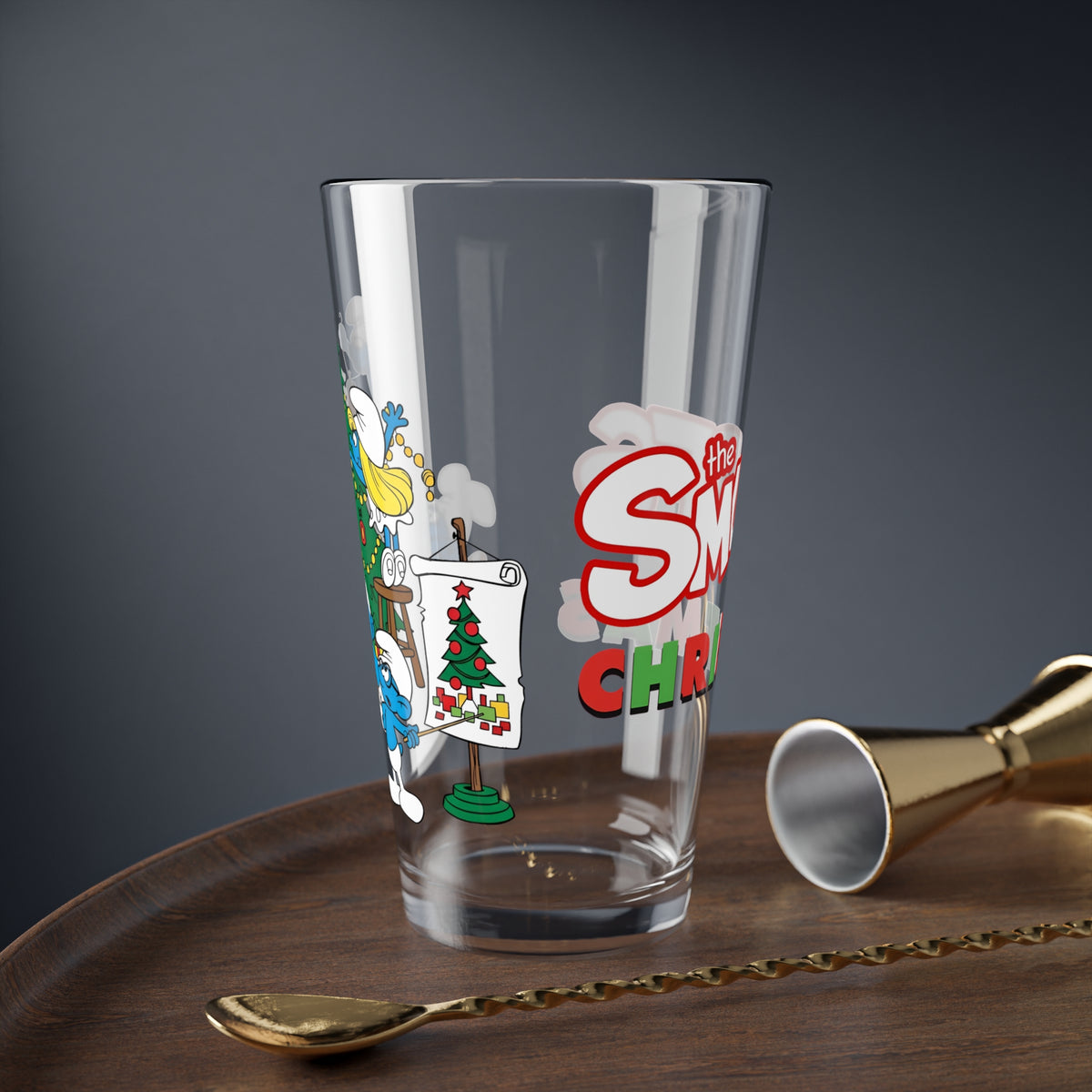 Smurfs Christmas Cartoon Pint Glass, 16oz Hanna-Barbera Smurfette Brainy Smurf Retro Festive Holiday Barware