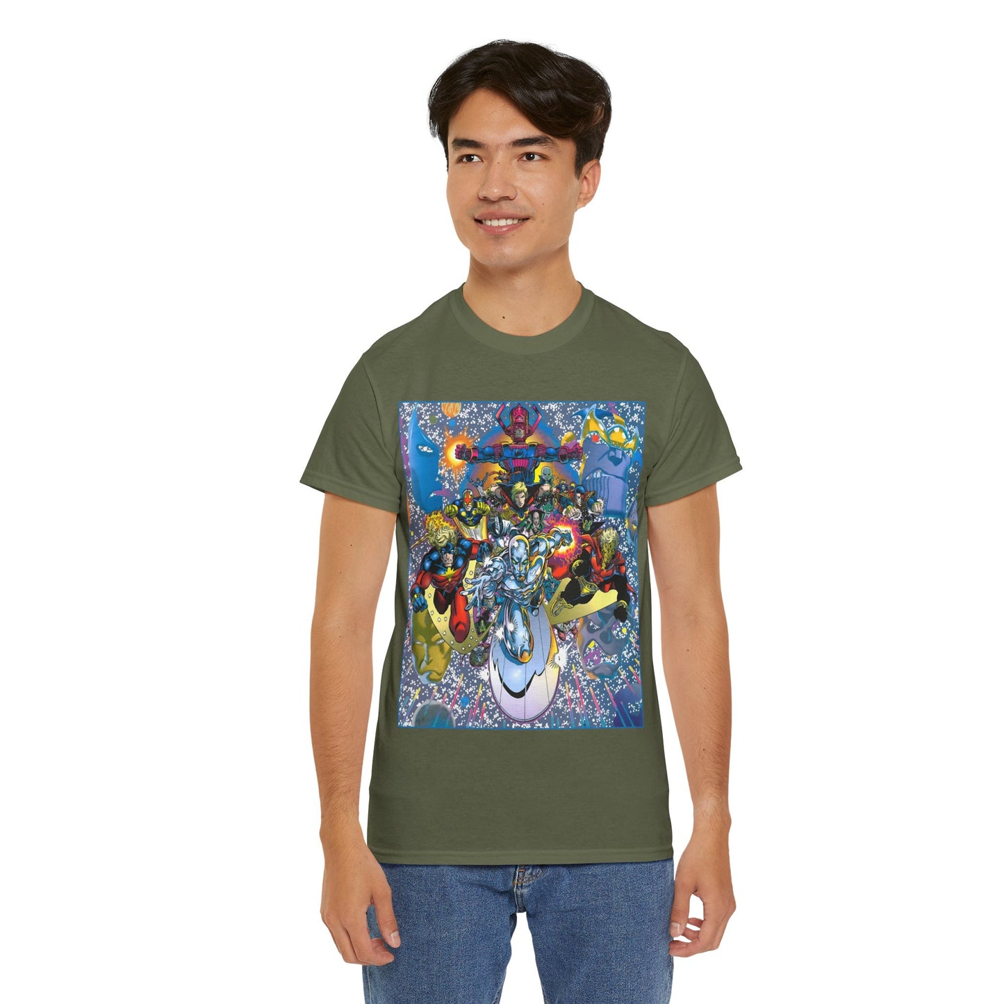 Marvel Cosmic Heroes T-Shirt - Silver Surfer, Captain Marvel, Adam Warlock, Quasar, Nova, Galactus, Jack of Hearts, Moondragon, Thanos