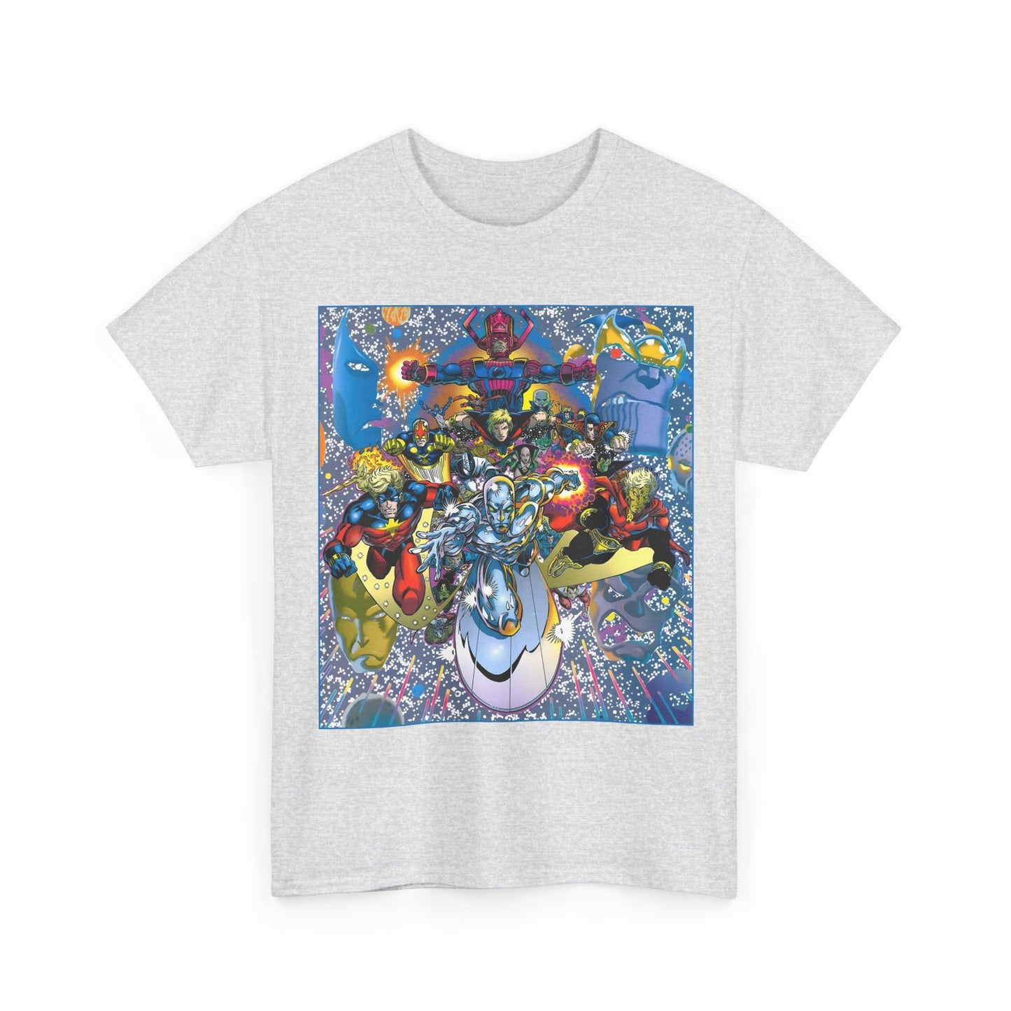 Marvel Cosmic Heroes T-Shirt - Silver Surfer, Captain Marvel, Adam Warlock, Quasar, Nova, Galactus, Jack of Hearts, Moondragon, Thanos