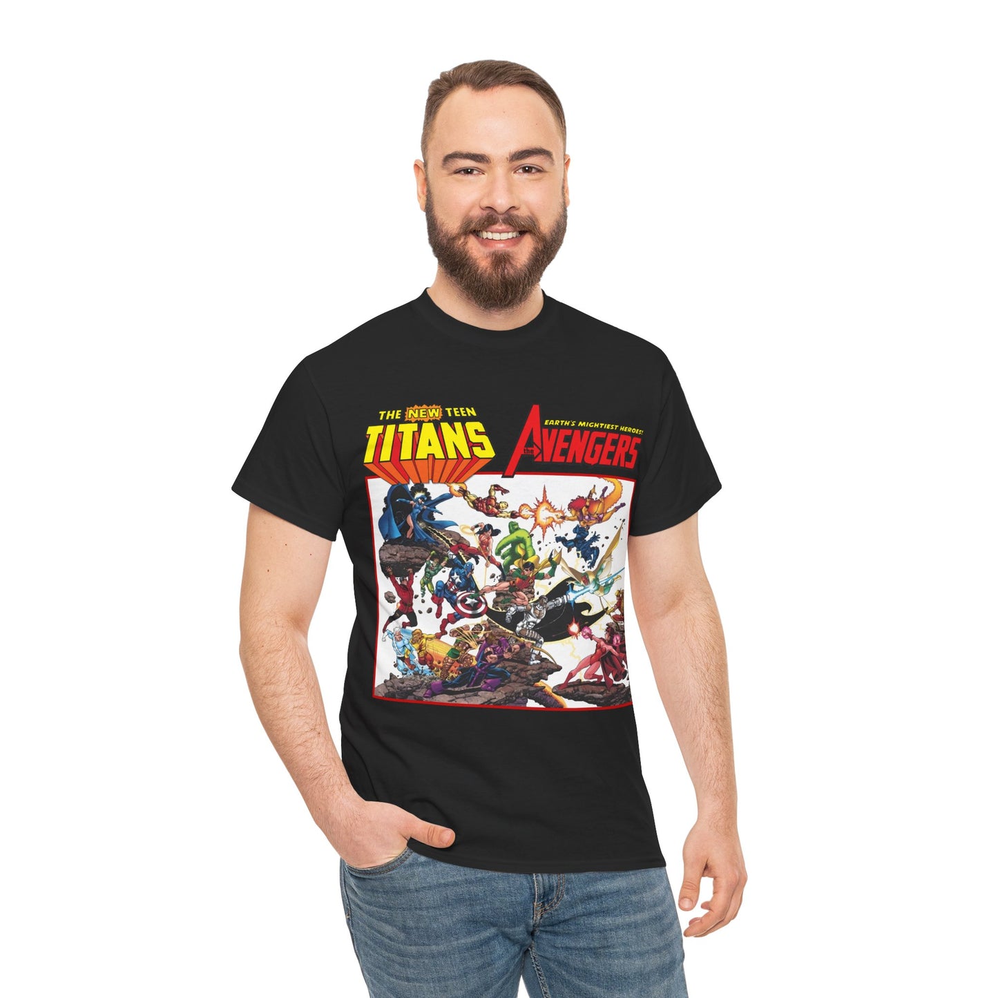 New Teen Titans Vs Avengers T-Shirt - George Perez Art - Hawkeye, Wonder Man, Raven, Starfire, Cyborg, Scarlet Witch, Wonder Girl - DC Comics & Marvel Comics