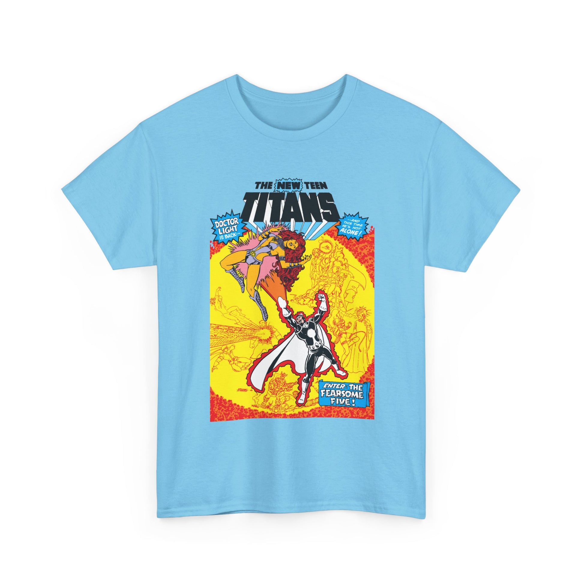 Light blue t-shirt with 'The New Teen Titans' graphic design by George Perez from DC Comics