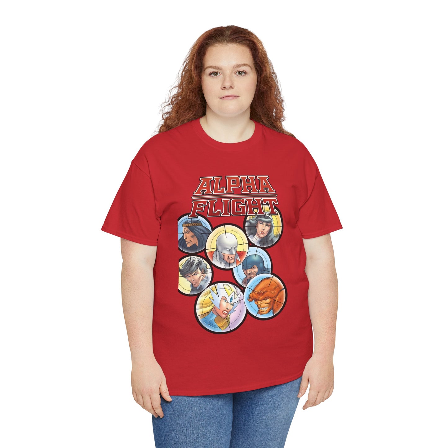 Alpha Flight T-Shirt - John Byrne Art - Guardian, Aurora, Northstar, Sasquatch, Shaman, Puck, Snowbird - Canada's Super Heroes - Marvel Comics