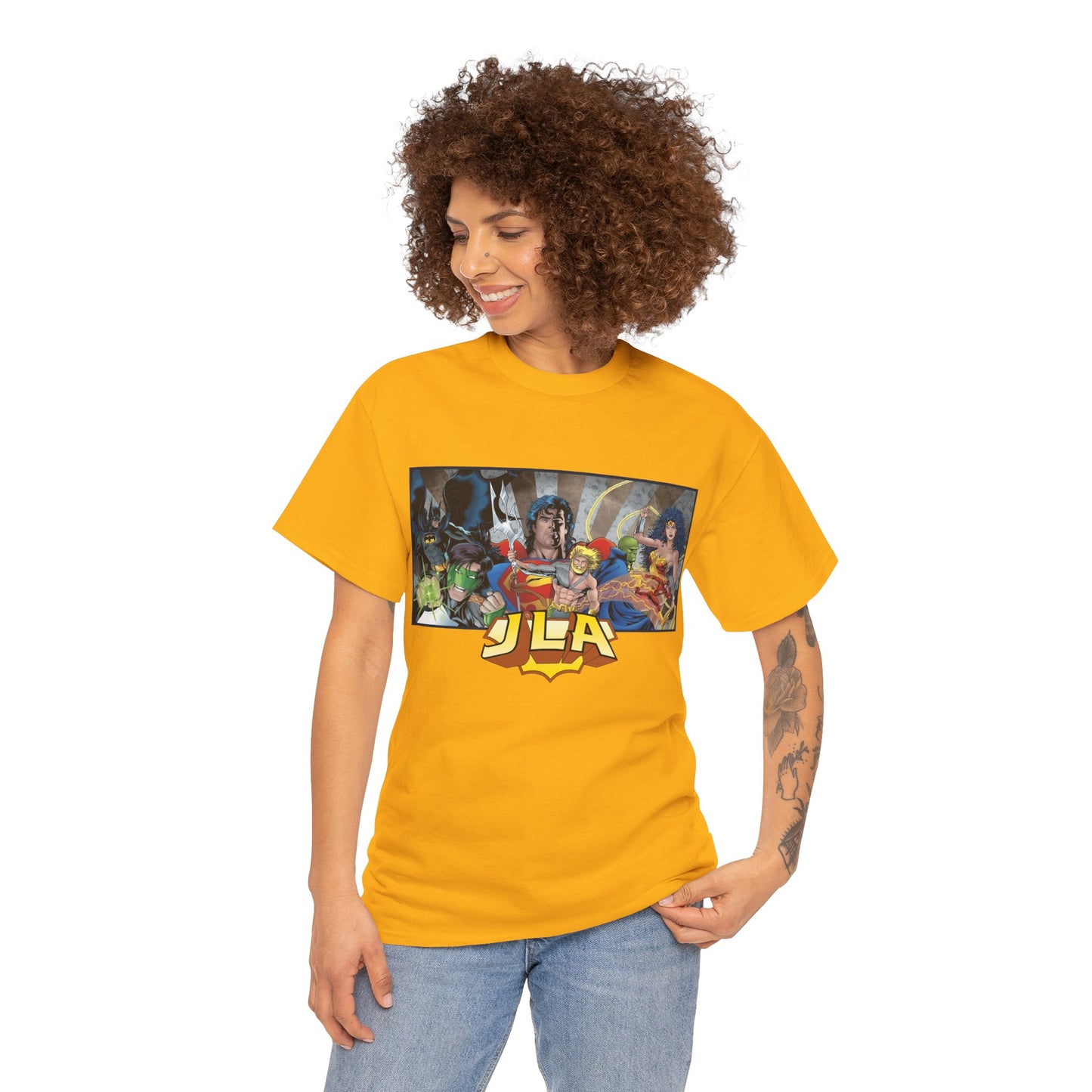 Justice League T-Shirt - Kevin Maguire Art - Superman, Wonder Woman, Batman, Flash, Aquaman, Martian Manhunter, Green Lantern - 90s Lineup - DC Comics