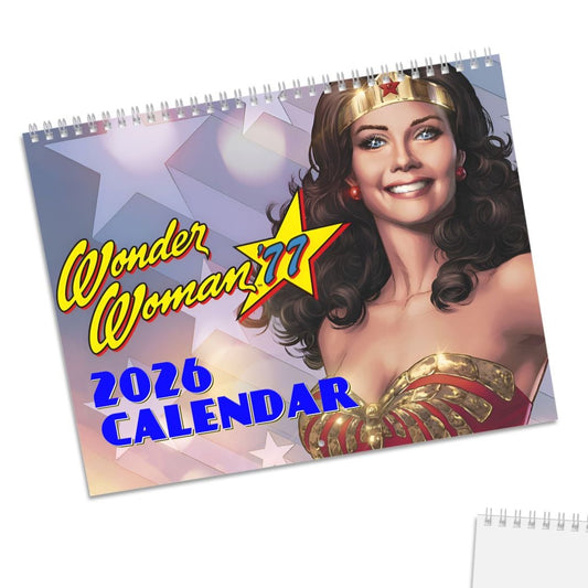 2026 Wonder Woman calendar with a portrait of the character on a white background