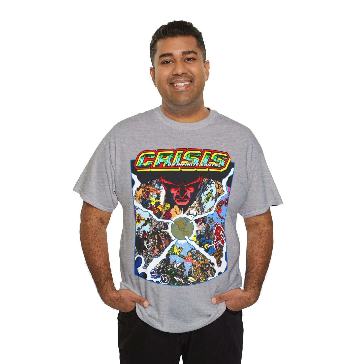 Crisis on Infinite Earths T-Shirt - George Perez Art - #3 Cover - Monitor, Flash, Starfire, Brainiac 5, Dream Girl - DC Comics