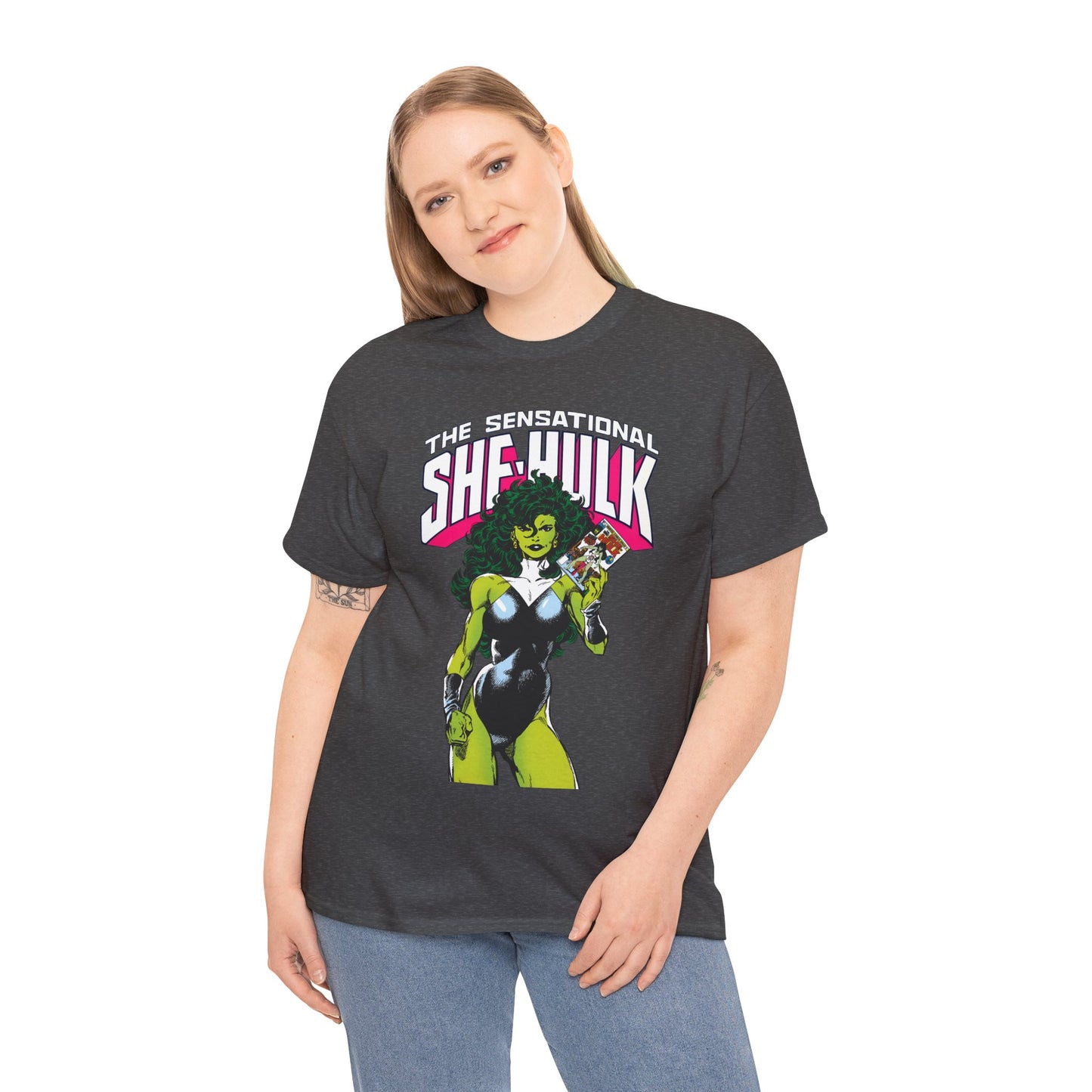 Sensational She-Hulk T-Shirt - Classic John Byrne Art - Jennifer Walters, Hulk's Cousin - Marvel Comics - Popular 1980s Series - "Rip Up Your X-Men!"