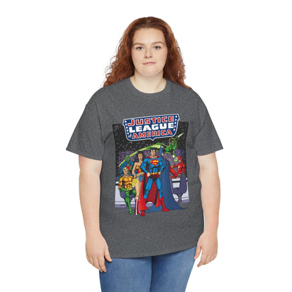 Justice League T-Shirt - George Perez Art - JLA Satellite Era - Superman, Wonder Woman, Green Lantern, Batman, Flash, Aquaman, Martian Manhunter - DC Comics