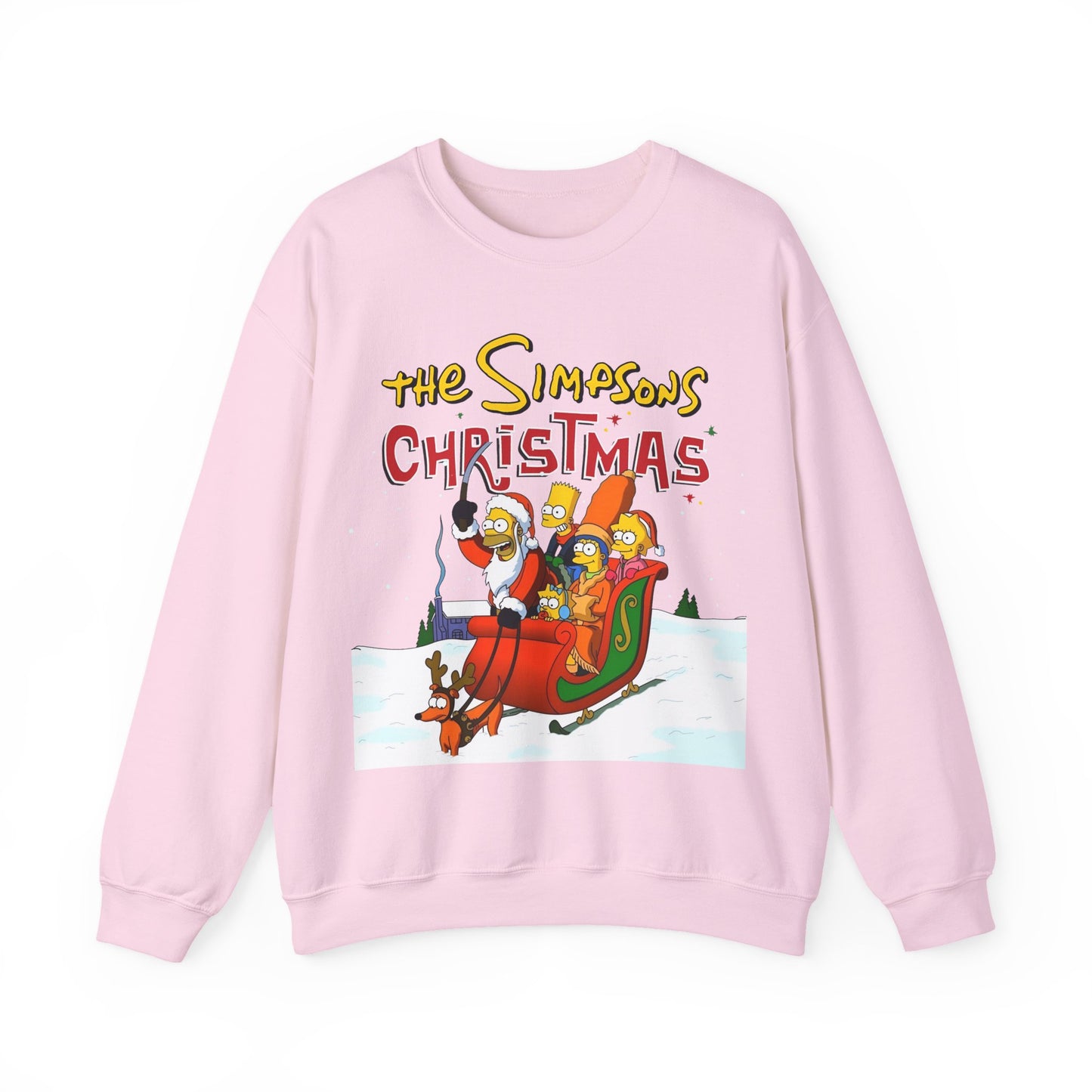 Simpsons Family Christmas Crewneck Sweatshirt - Homer, Marge, Bart, Lisa, Maggie - Riding a Christmas Sleigh Through the Winter Snow