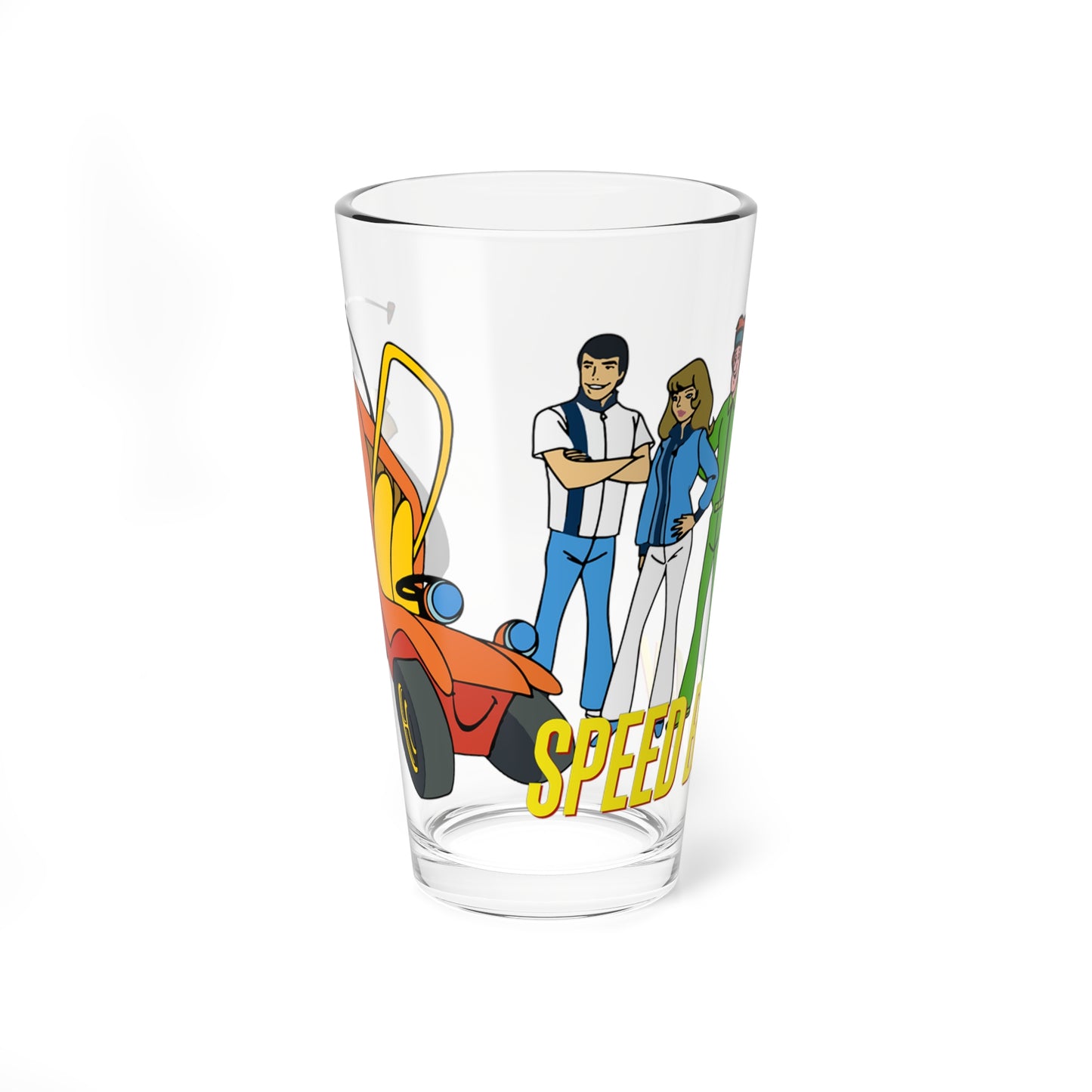 Speed Buggy Pint Glass, 16oz - Hanna-Barbera Saturday Morning Cartoon - Debbie, Mark, and Tinker - Solving Mysteries & Participating in Racing Competitions Around the World