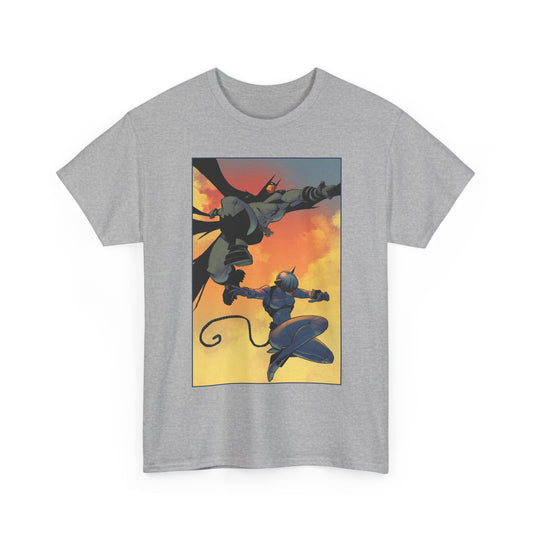 Gray t-shirt with a graphic design of Absolute Batman and Absolute Catwoman in action against a colorful background.