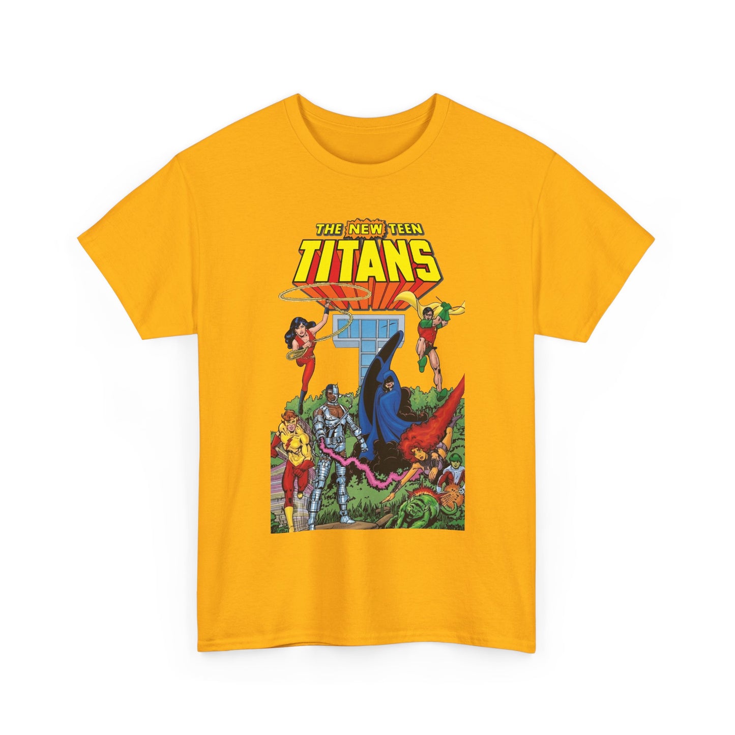 New Teen Titans T-Shirt - George Perez Art - Robin, Wonder Girl, Cyborg, Raven, Changeling, Starfire, Kid Flash - Titans Tower - DC Comics