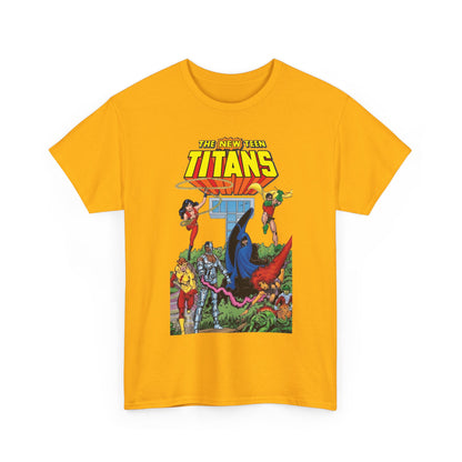 New Teen Titans T-Shirt - George Perez Art - Robin, Wonder Girl, Cyborg, Raven, Changeling, Starfire, Kid Flash - Titans Tower - DC Comics