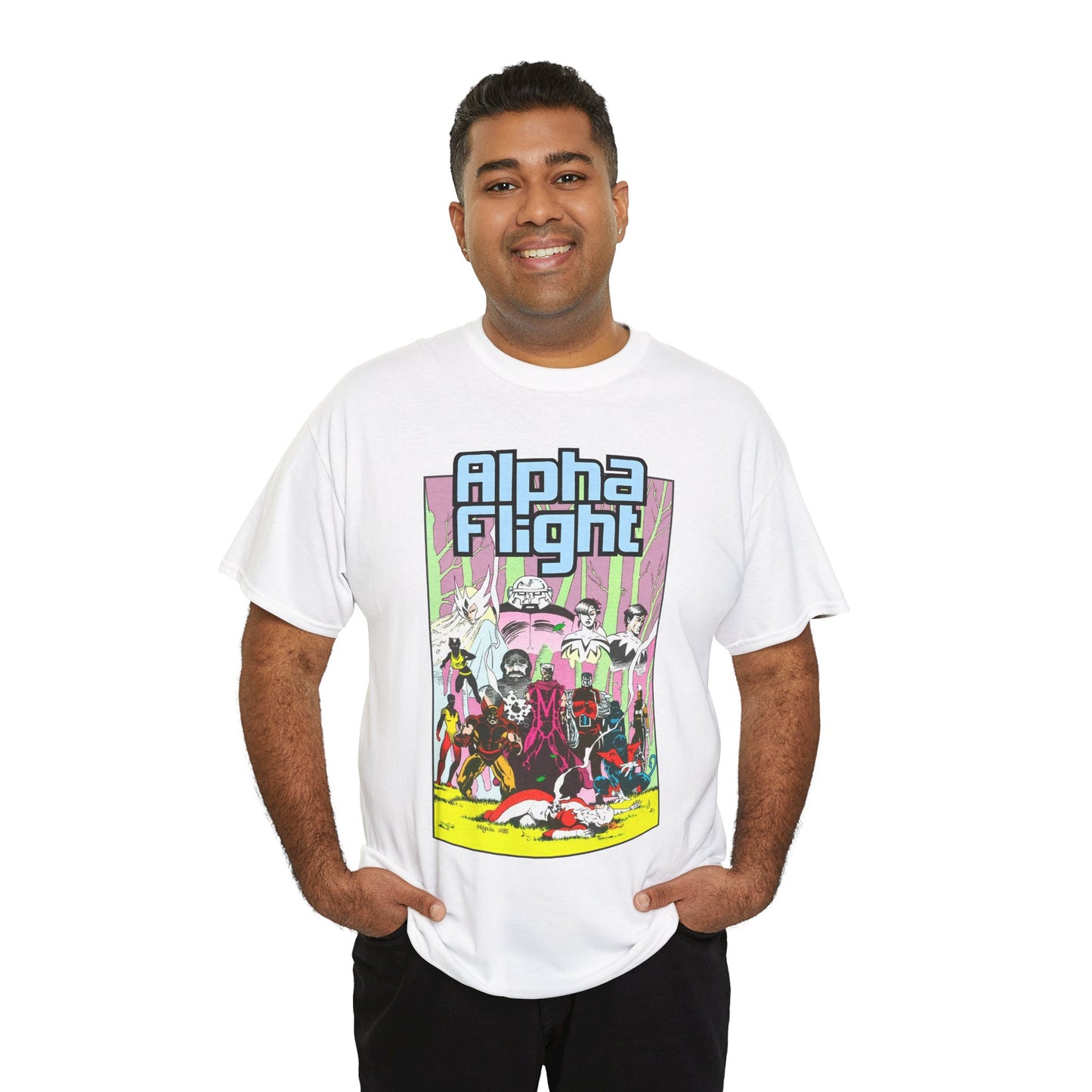Alpha Flight T-Shirt - Mike Mignola Art - Northstar, Aurora, Snowbird, Shaman, Puck - X-Men: Magneto, Colossus, Shadowcat, Storm - Marvel Comics
