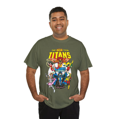 New Teen Titans T-Shirt - Classic George Perez Art - Cyborg, Raven, Starfire, Robin, Wonder Girl, Changeling, Kid Flash - Titans Tower - Popular DC Comics 1980s Series