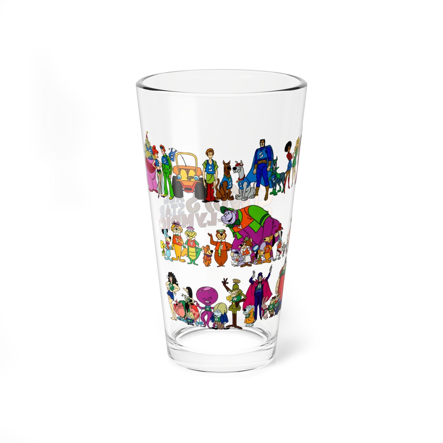 Scooby's All-Star Laff-A-Lympics Pint Glass, 16oz - 1970s Hanna-Barbera Cartoon - Speed Buggy, Yogi Bear, Grape Ape, Wally Gator, Huckleberry Hound, Captain Caveman